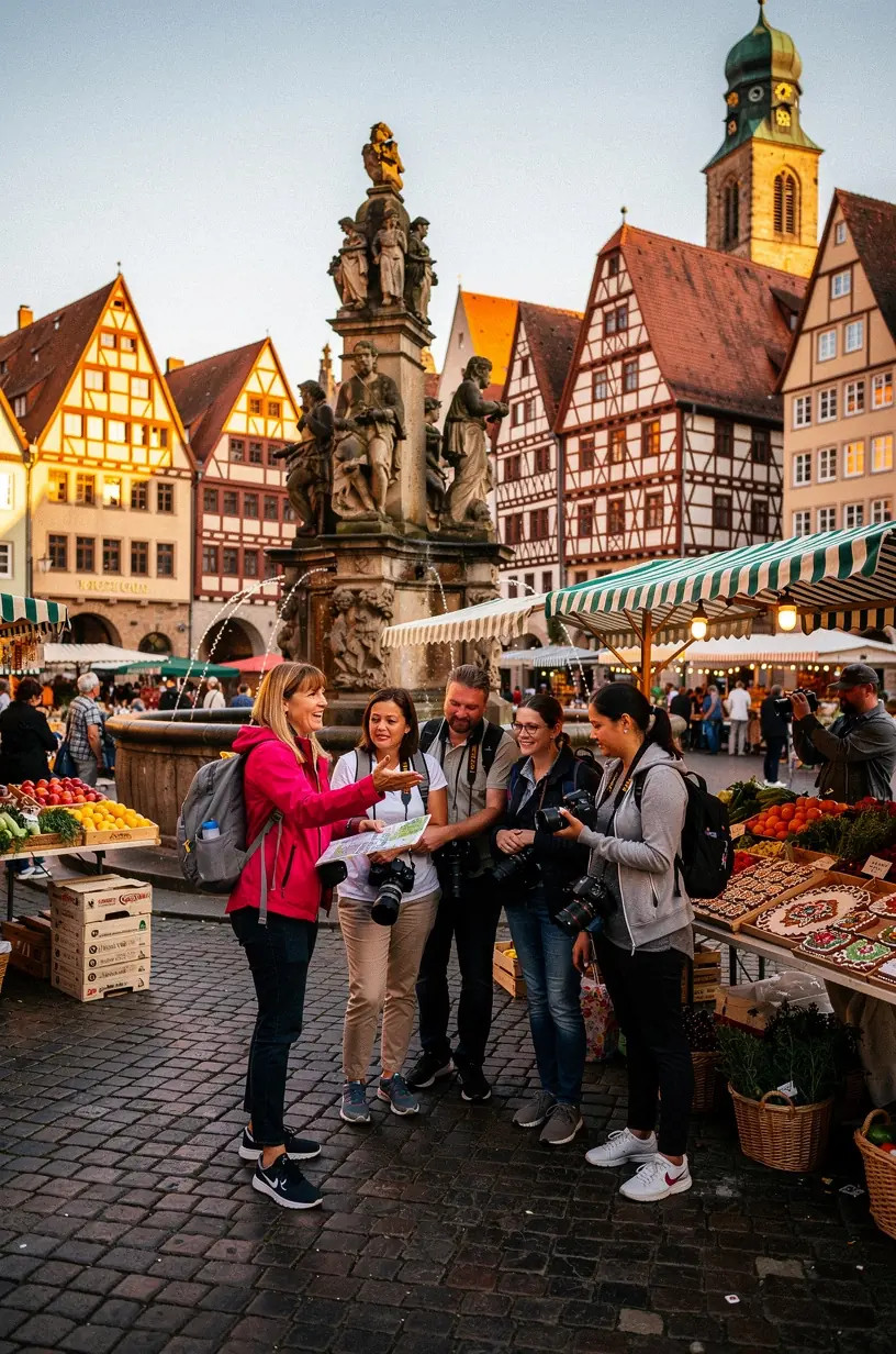 Besucher betrachten Infotafeln an einem historischen Denkmal während einer geführten Tour.